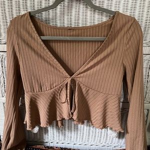 Tan ripped flared arm long sleeve with tie in front